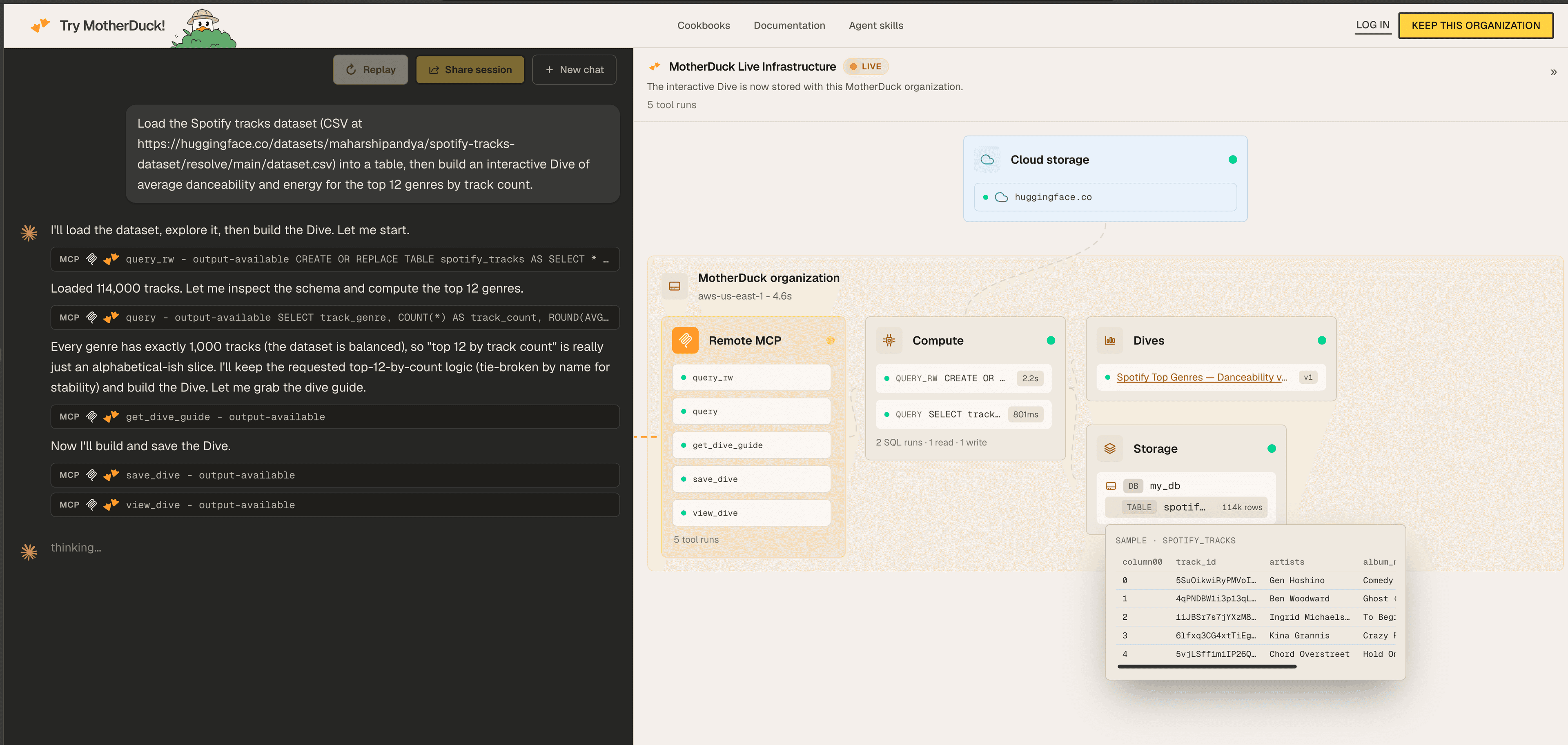 Try MotherDuck showing a completed analytics-agent run and its live infrastructure