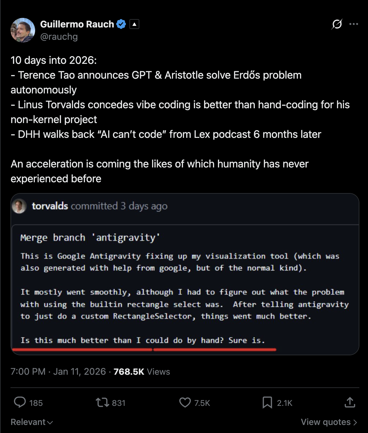 Guillermo Rauch tweet — 10 days into 2026: Tao + GPT solve Erdős problem · Linus Torvalds concedes vibe coding · DHH walks back 'AI can't code'